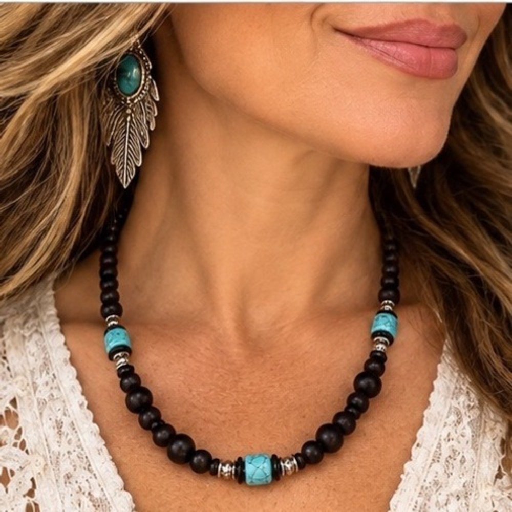 Wooden Beaded Necklace Turquoise Colored Accents Southwestern Boho Style